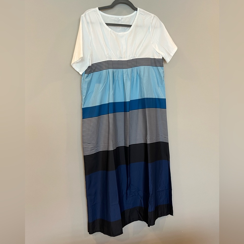Blue and white striped maxi dress